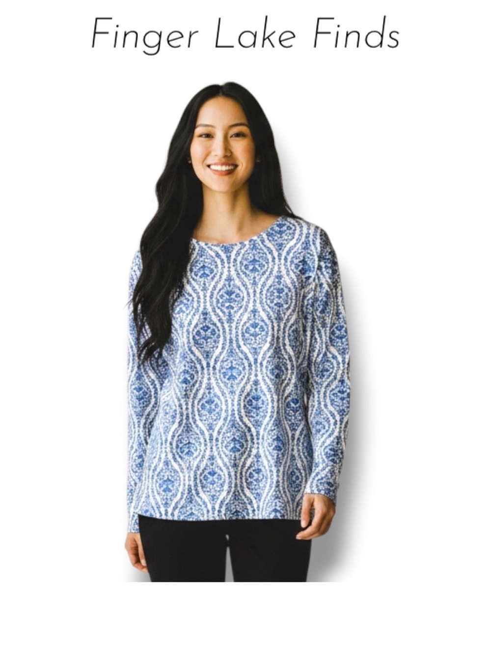 100% Cotton Long Sleeve Blue Damask Print Tee,  XL